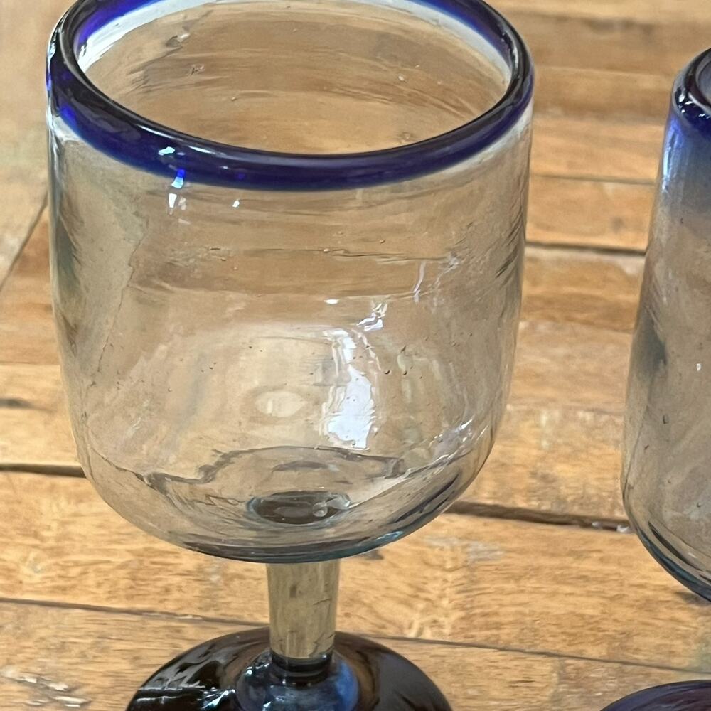 Mexican Hand Blown Goblets Drinking Glasses Cobalt Blue Rim Set of 5 - Picture 3 of 12